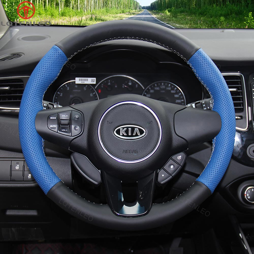 LQTENLEO Black Leather Suede Hand-stitched No-slip Soft Car Steering Wheel Cover Braid for Kia Carens 3 2013-2019 Rondo 3 2013-2017