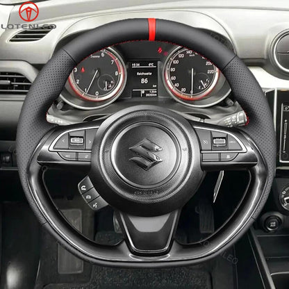 LQTENLEO Black Genuine Leather Suede Hand-stitched Car Steering Wheel Cover for Suzuki Swift 2008-2021
