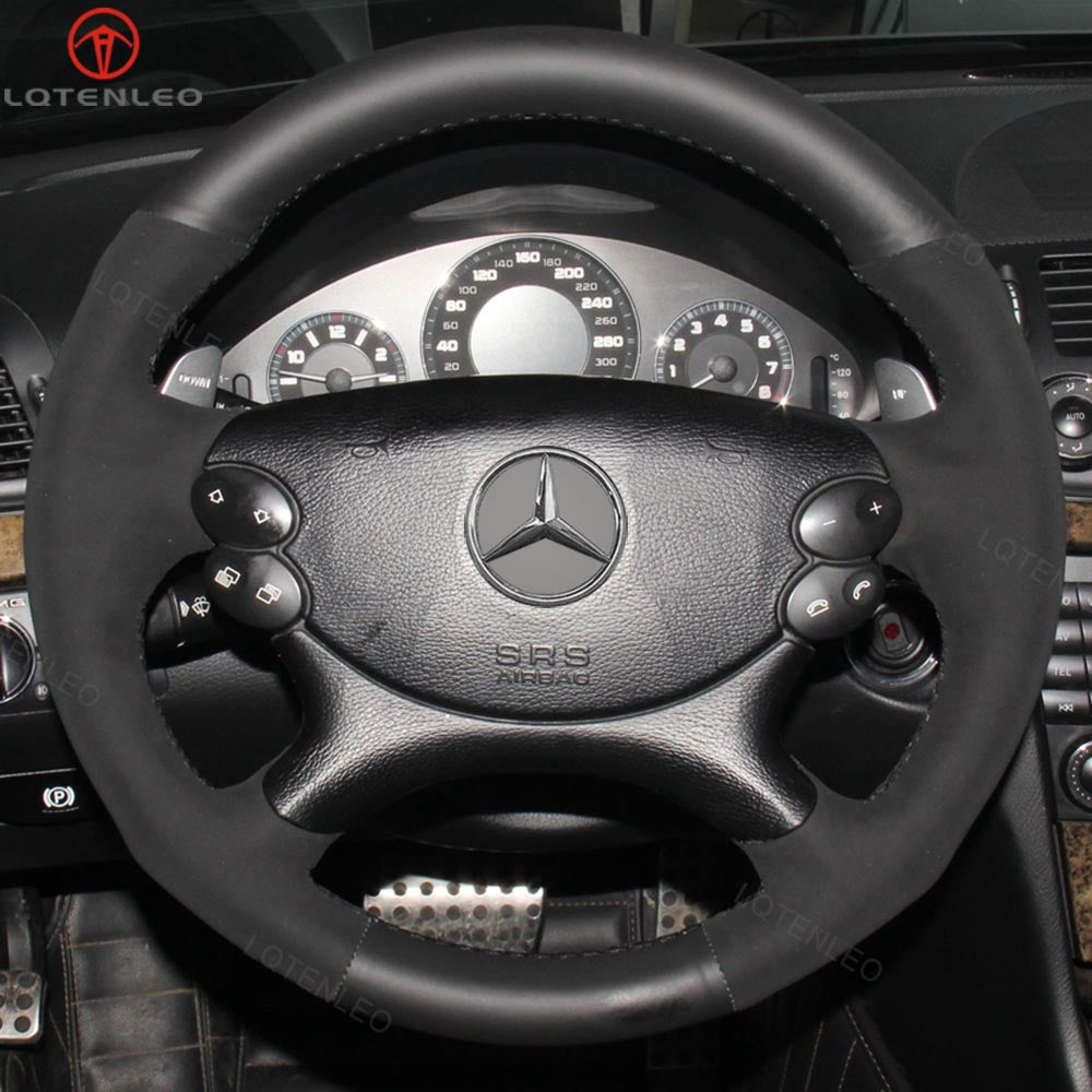 LQTENLEO Black Leather Suede Hand-stitched Car Steering Wheel Cover for Mercedes Benz CLK 55 AMG C209/CLS 55 AMG C219/CLS 63 AMG C219/E 63 AMG W211/SL 55 AMG R230/SL 65 AMG R230