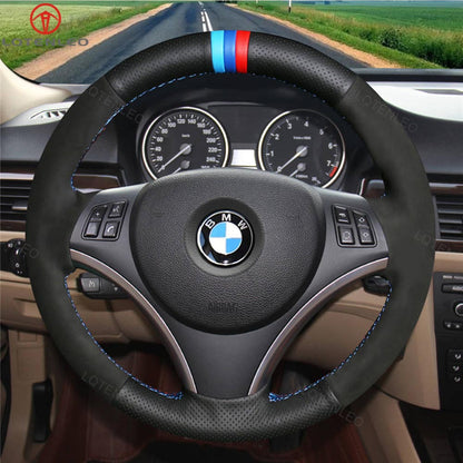 LQTENELO Black Genuine Leather Suede Hand-stitched Car Steering Wheel Cover for BMW 1 Series E81 E82 E87 E88 2008-2012 / 3 Series E90 E91 E92 E93 2006-2011