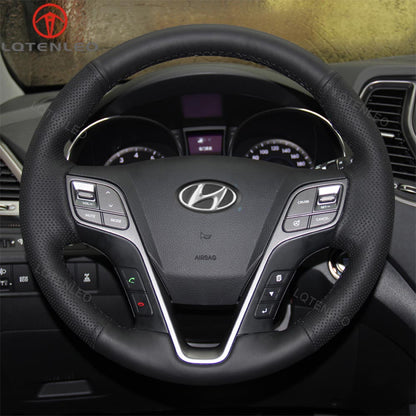 LQTENLEO Black Genuine Leather Suede Hand-stitched Car Steering Wheel Cove for Hyundai Santa Fe (Sport)/ Santa Fe XL/ Grand Santa Fe/ H350