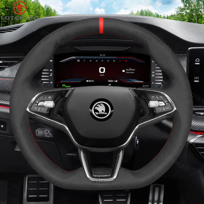 LQTENLEO Black Suede Red Marker Hand-stitched Car Steering Wheel Cover for Skoda Octavia VRS RS /Fabia