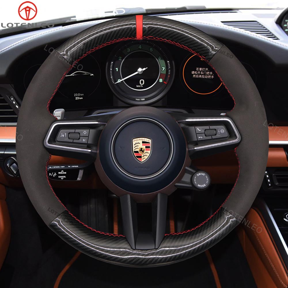 LQTENLEO Alcantara Carbon Fiber Leather Suede Hand-stitiched Car Steering Wheel Cover for Porsche 911 (992) / Macan/ Panamera / Taycan