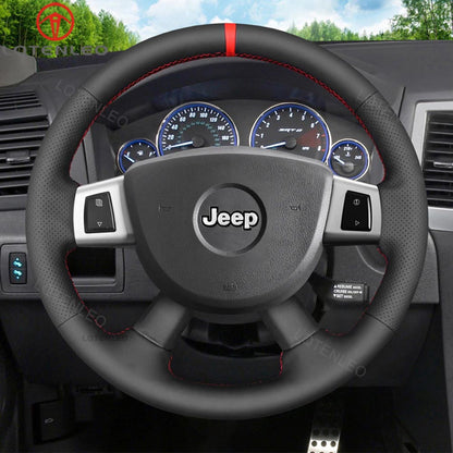 LQTENLEO Black Genuine Leather Hand-stitched Car Steering Wheel Cove for Jeep Commander (XK)/ Grand Cherokee III(WK)/ Cherokee IV(KK)
