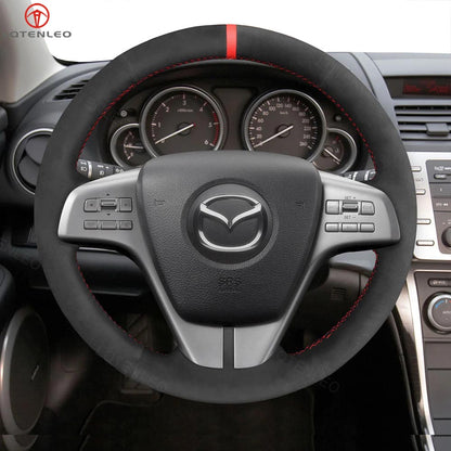 LQTENLEO Black Leather Suede Hand-stitched Car Steering Wheel Cover for Mazda 6 (GH) Atenza