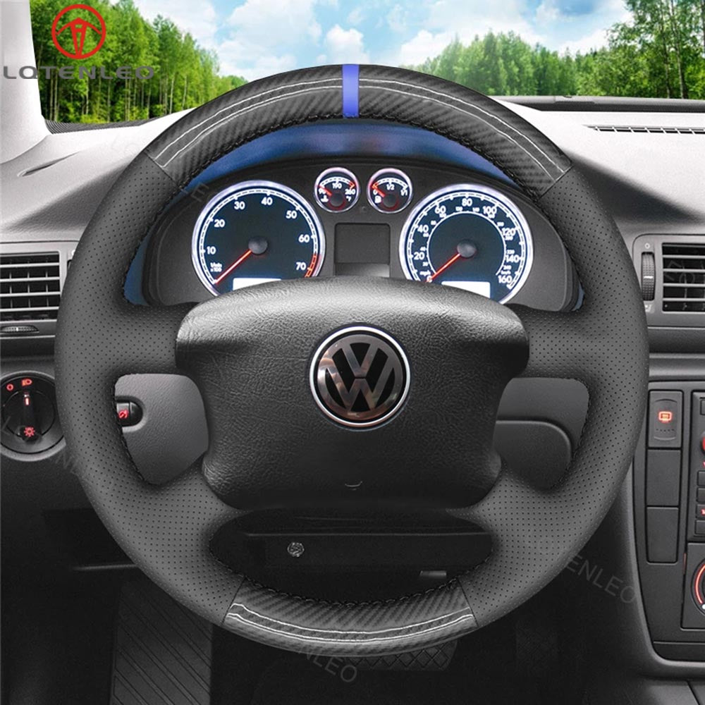 LQTENLEO Carbon Fiber Leather Suede Hand-stitched Car Steering Wheel Cover for Volkswagen Golf 4 (IV) / Passat B5/ Passat Variant/ Sharan/ Bora/T4 /T5 / Jetta/EuroVan