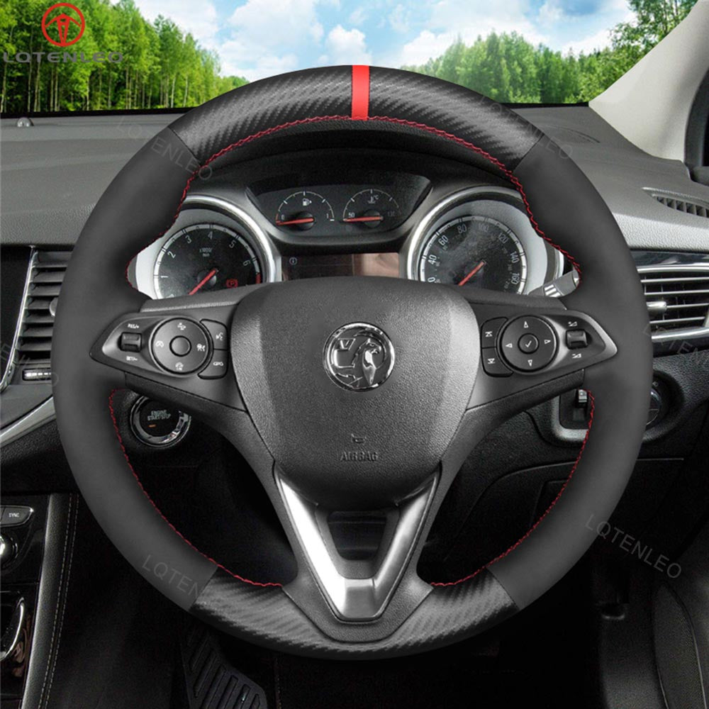 LQTENLEO Carbon Fiber Genuine Leather Suede Hand-stitched Car Steering Wheel Cover for Opel Astra K Corsa E Crossland Grandland Insignia Zafira