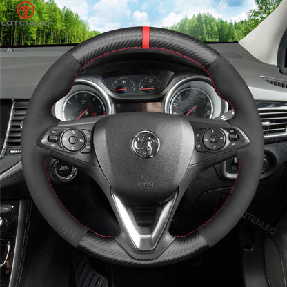 LQTENLEO Carbon Fiber Genuine Leather Suede Hand-stitched Car Steering Wheel Cover for Opel Astra K Corsa E Crossland Grandland Insignia Zafira