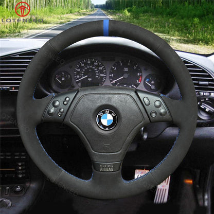 LQTENLEO Black Leather Suede Hand-stitched Car Steering Wheel Cover for BMW 3 Series E36 1995-2000