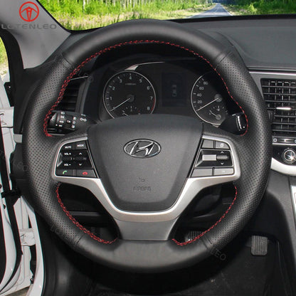 LQTENLEO Black Leather Hand-stitched No-slip Soft Car Steering Wheel Cover Braid for Hyundai Accent 2018-2022 Elantra VI 2015-2018