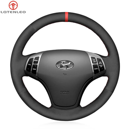LQTENLEO Black Leather Suede DIY Hand-stitched Car Steering Wheel Cover for Hyundai Elantra 2007-2010