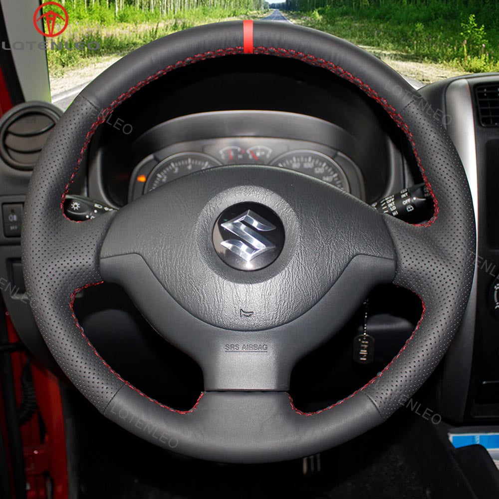 LQTENLEO Black Genuine Leather Suede Hand-stitched Car Steering Wheel Cove for Suzuki Jimny