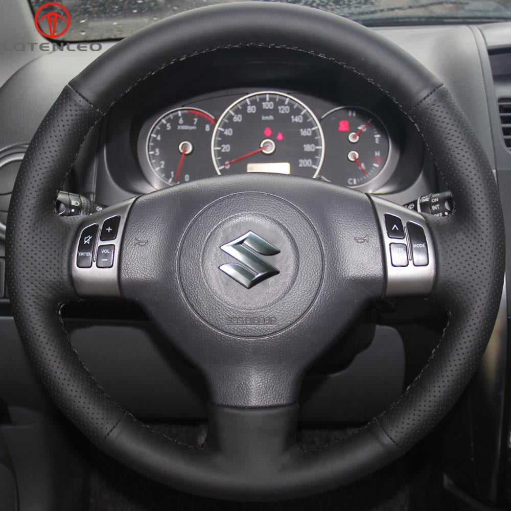LQTENLEO Black Genuine Leather Hand-stitched Car Steering Wheel Cove for Suzuki SX4 / Alto/ Swift/ Splash
