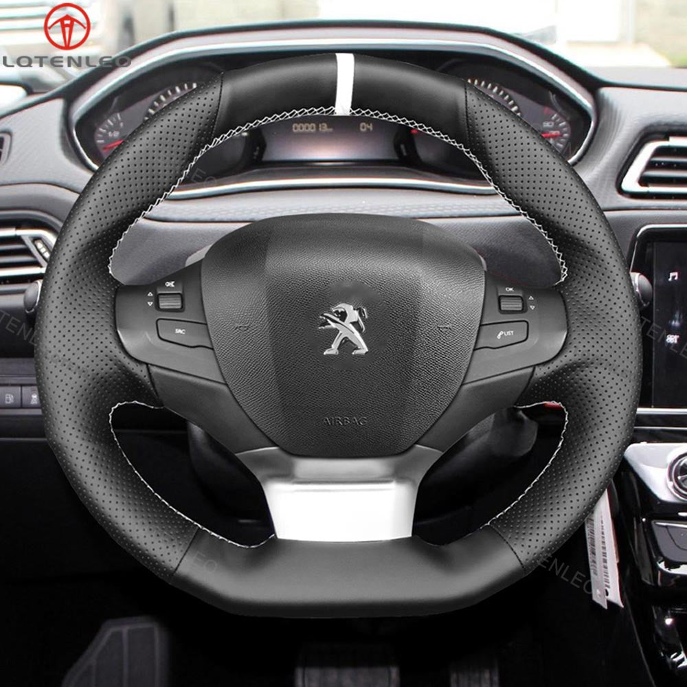 LQTENLEO Black Genuine Leather Suede Hand-stitched Car Steering Wheel Cover for Peugeot 308 2013-2021 / 308 SW 2014-2021