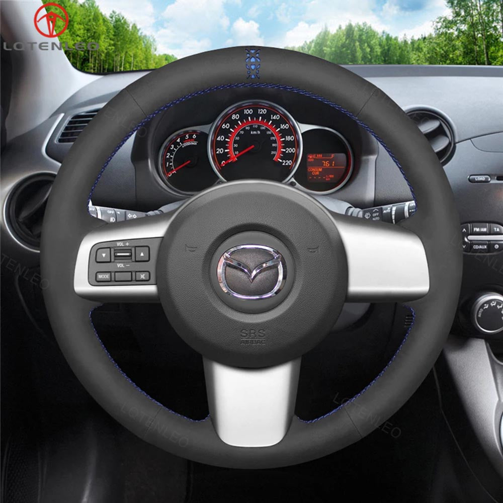 LQTENLEO Black Leather Suede Hand-stitched Car Steering Wheel Cover for Mazda 2 2008-2014