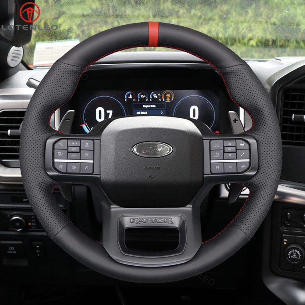 LQTENLEO Alcantara Leather Suede Hand-stitched Car Steering Wheel Cover for Ford F-150 F150 Raptor 2021-2024