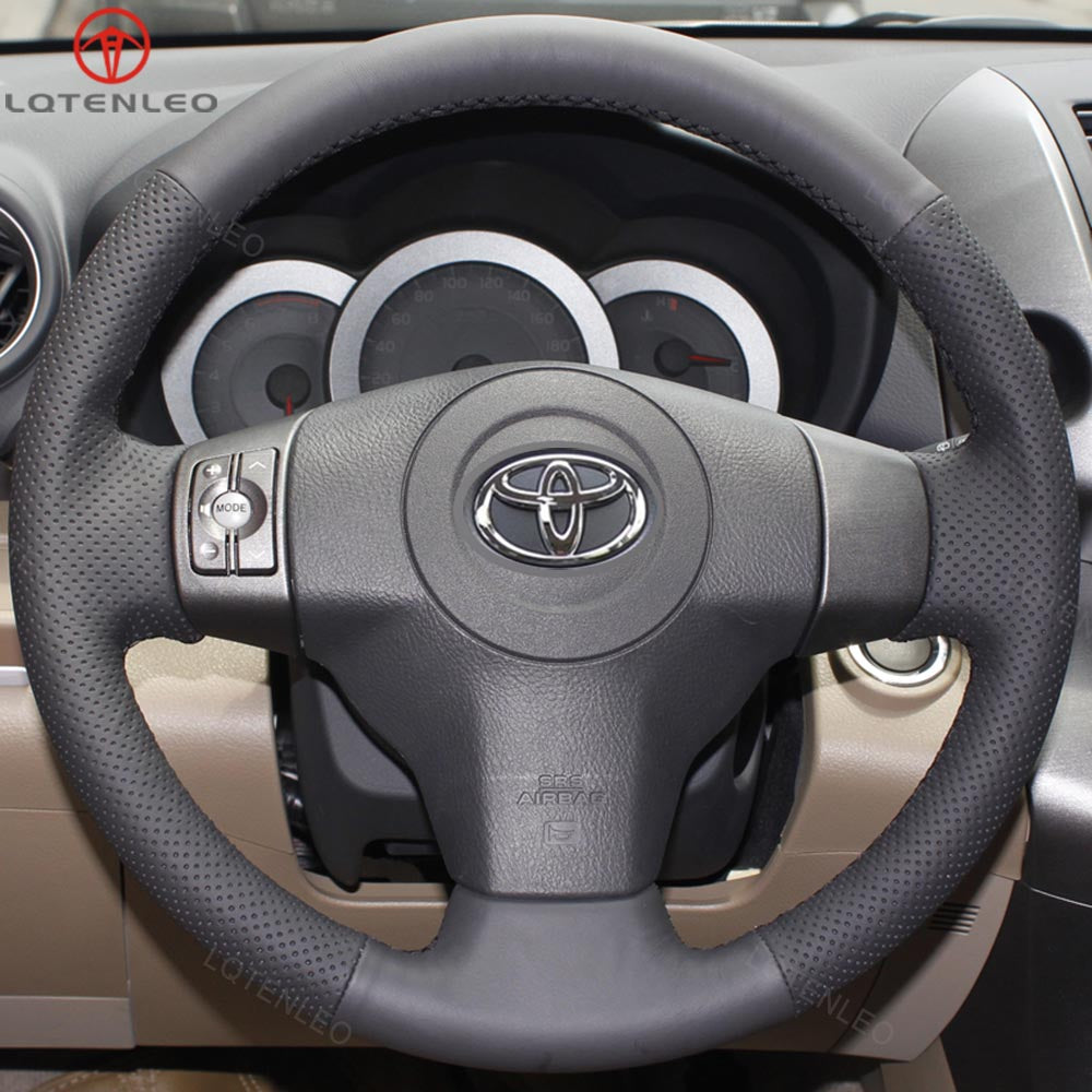 LQTENLEO Black Genuine Leather Hand-stitched Car Steering Wheel Cove for Toyota RAV4/ Yaris/ Yaris (Vitz)/ Urban Cruiser/ Passo Sette/ Vanguard/ Ist