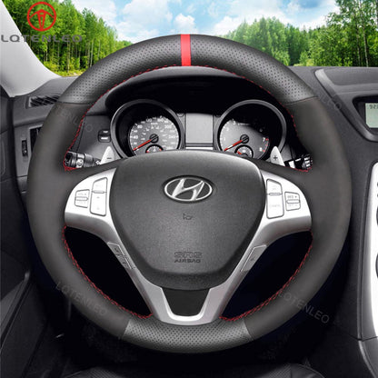 LQTENLEO Carbon Fiber Leather Suede Hand-stitched Car Steering Wheel Cover for Hyundai Genesis Coupe 2009-2016 / Rohens Coupe 2009