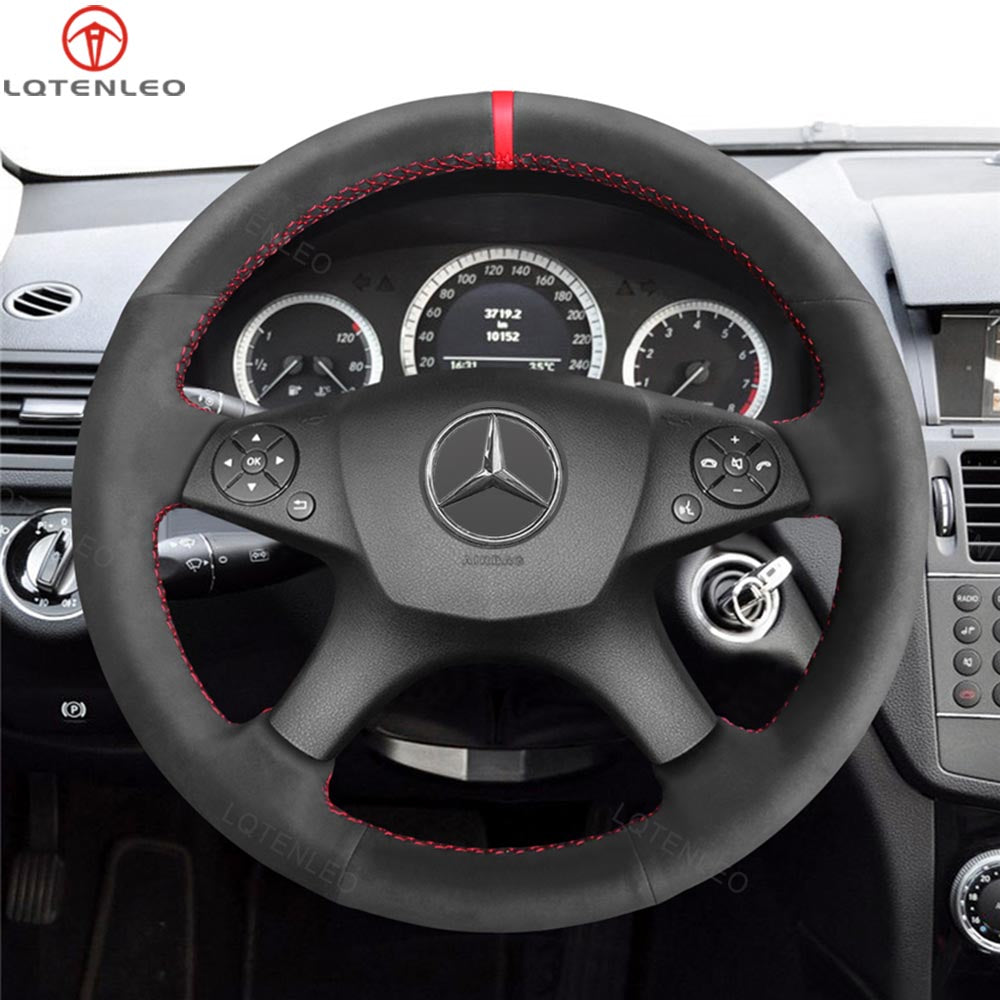 LQTENLEO Black Carbon Fiber Leather Suede Hand-stitched Car Steering Wheel Cover for Mercedes Benz C-Class W204 2007-2011