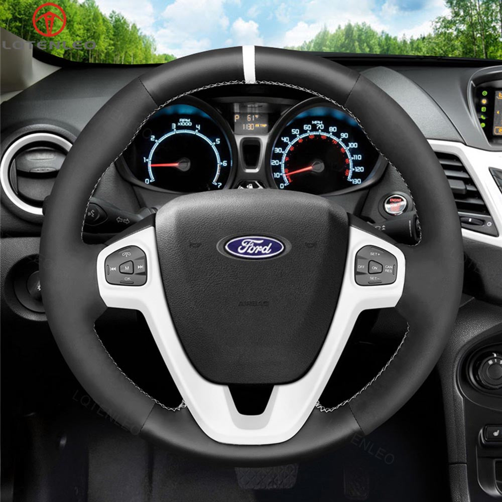 LQTENLEO Black Leather Suede Hand-stitched Car Steering Wheel Cover for Ford Fiesta 2011-2019