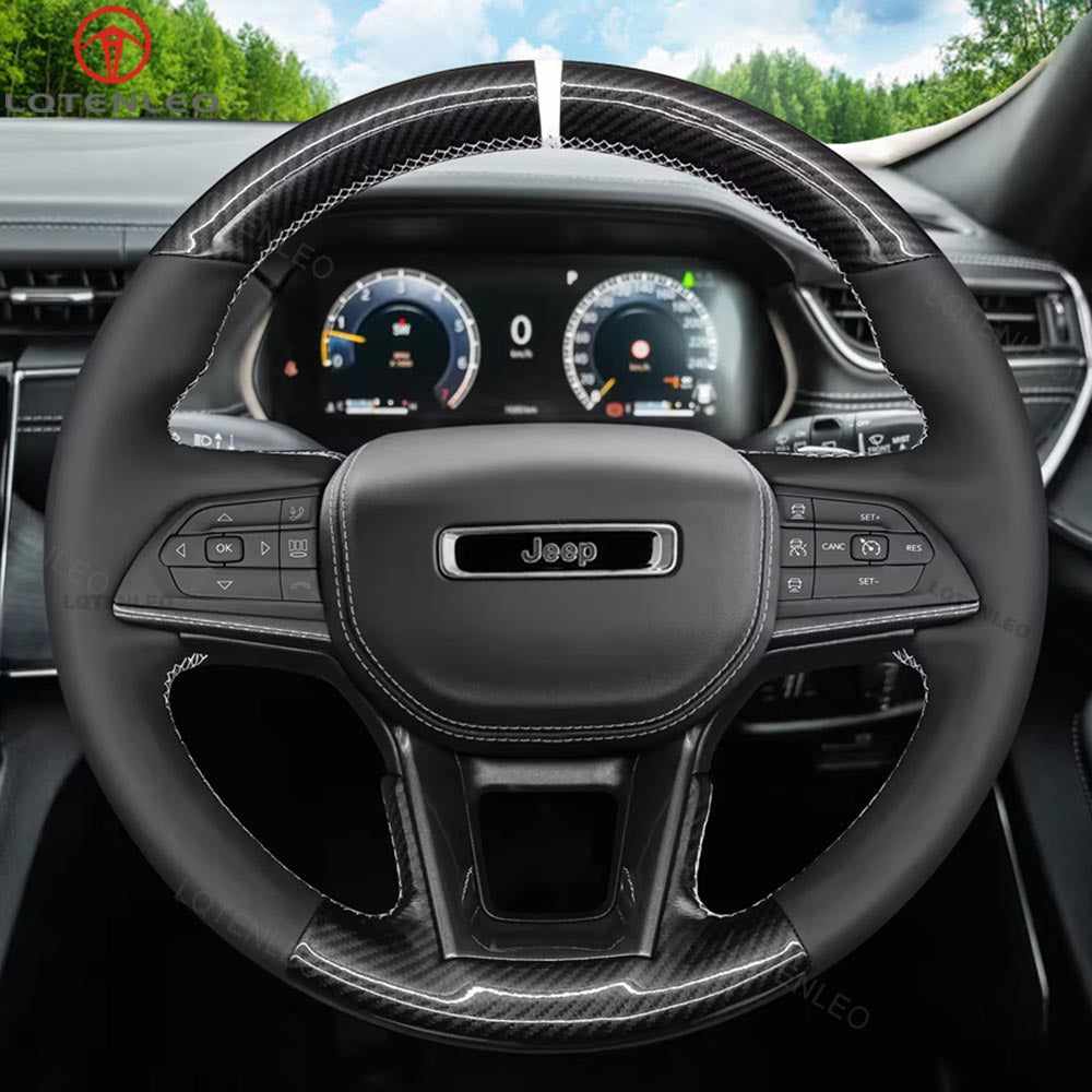 LQTENLEO Black Genuine Leather Hand-stitched Car Steering Wheel Cove for Jeep Grand Cherokee V(WL) / Grand Cherokee L
