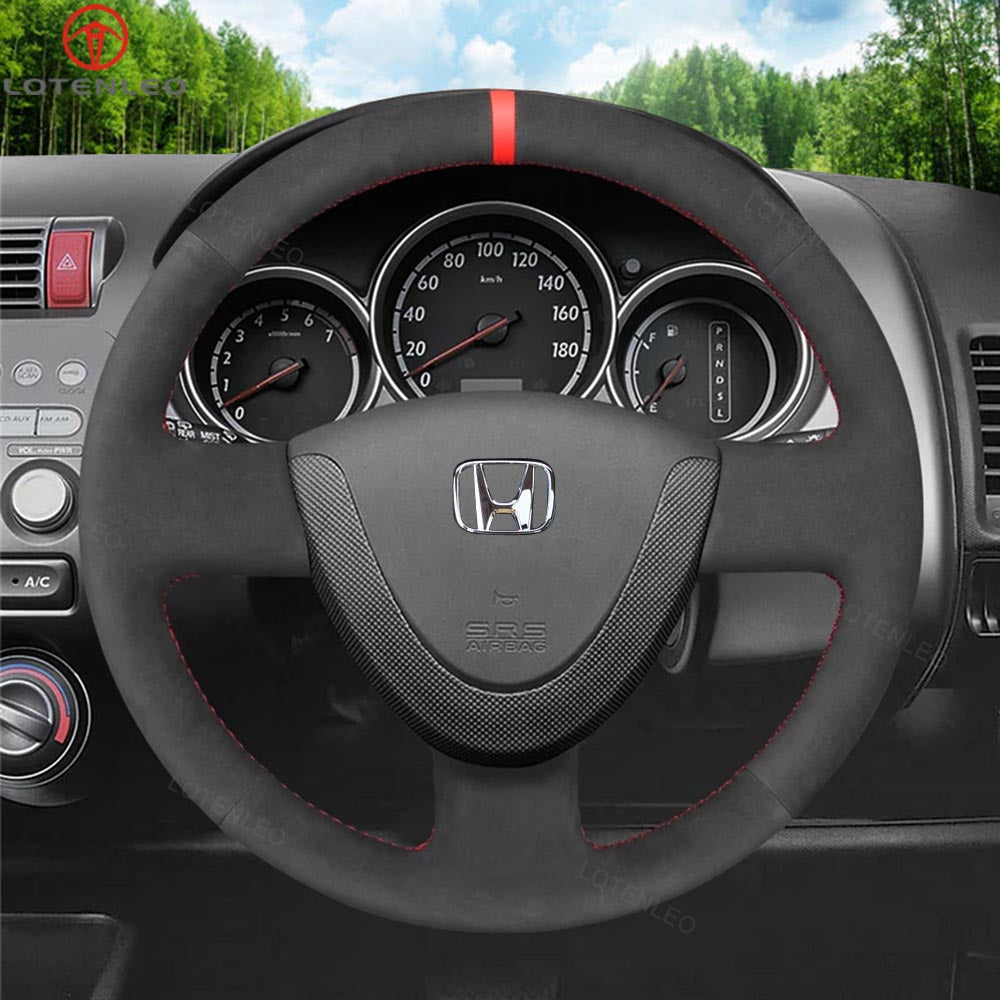 LQTENLEO Black Leather Suede Hand-stitched Car Steering Wheel Cover Braid for Honda Civic 2002-2005 Jazz Fit City 2001-2007