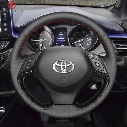 LQTENLEO Black Leather Hand-stitched No-slip Car Steering Wheel Cover for Toyota C-HR CHR 2016-2024 Dyna 2016-2024