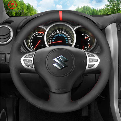 LQTENLEO Black Genuine Leather Suede Hand-stitched Car Steering Wheel Cove for Suzuki Grand Vitara