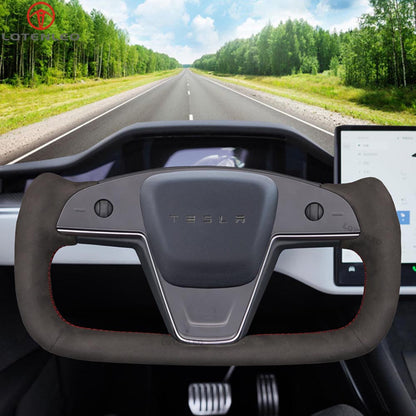 LQTENLEO Genuine Leather Hand-stitched Car Steering Wheel Cover for Tesla Yoke Model S 2021-2023 / Model X 2021-2023