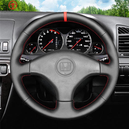 LQTENLEO Black Leather Hand-stitched Car Steering Wheel Cover for Honda Civic 6 / Civic EK CTR EK3 EK4 / Civic Type R Sir EK9 1996–2000