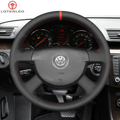 LQTENLEO Black Genuine Leather Hand-stitched Car Steering Wheel Cover for Volkswagen VW Passat B6 / Passat Variant / Transporter