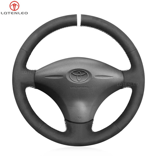 LQTENLEO Black Genuine Leather Suede Hand-stitched Car Steering Wheel Cover for Toyota Yaris Vitz Probox Sienta Succeed Echo Porte