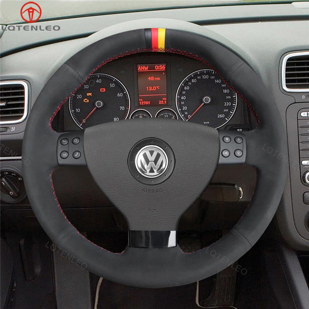LQTENLEO Carbon Fiber Leather Suede Hand-stitched Car Steering Wheel Cover for Volkswagen VW EOS MK5 2005-2008