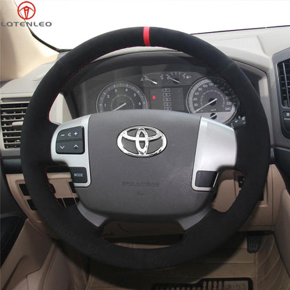 LQTENLEO Black Leather Suede Hand-stitched Car Steering Wheel Cove for Toyota Land Cruiser/ Land Cruiser/ Tundra/ Sequoia/ HiAce