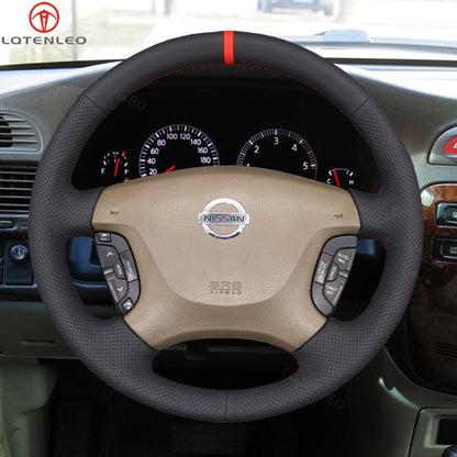 LQTENLEO Black Genuine Leather Hand-stitched Car Steering Wheel Cover for Nissan Patrol Y61 1997-2014/Nissan Maxima 2000-2003