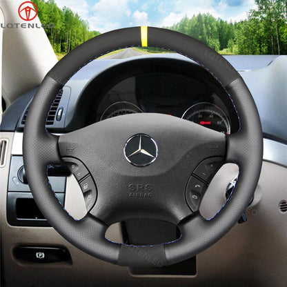 LQTENLEO Black Genuine Leather Suede Hand-stitiched Car Steering Wheel Cover for Mercedes Benz W639 Viano Vito VW Crafter