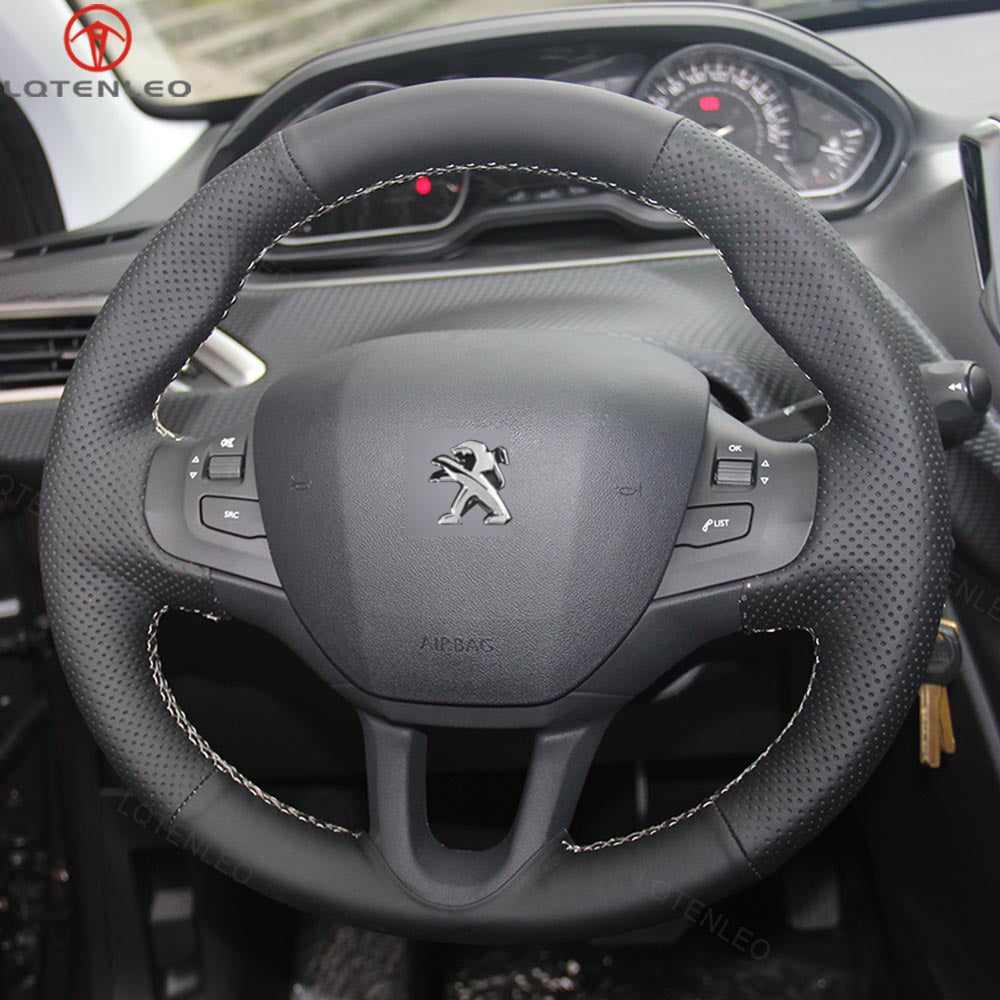 LQTENLEO Black Genuine Leather Suede Hand-stitched Car Steering Wheel Cover for Peugeot 208 2011 2012-2019 Peugeot 2008 2013 2014 2015 2016-2019