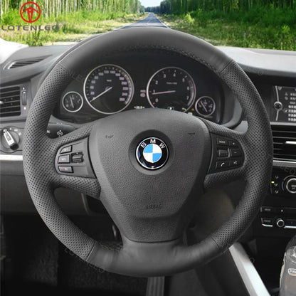 LQTENLEO Black Leather Suede Hand-stitched Car Steering Wheel Cover for BMW X3 F25 2011-2013 / X5 F15 2014