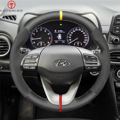 LQTENLEO Black Carbon Fiber Leather Suede Hand-stitched Car Steering Wheel Cover for Hyundai Veloster 2019 / i30 2017-2019 / Elantra 2019