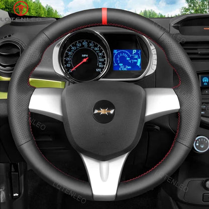 LQTENLEO Black Genuine Leather Hand-stitched Car Steering Wheel Cover for Chevrolet Spark / Spark EV / for Holden Barina Spark - LQTENLEO Official Store