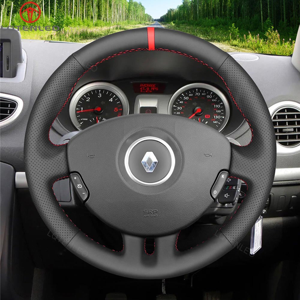 LQTENLEO Carbon Fiber Leather Suede Hand-stitched Car Steering Wheel Cover for Renault Clio 3 2005-2012