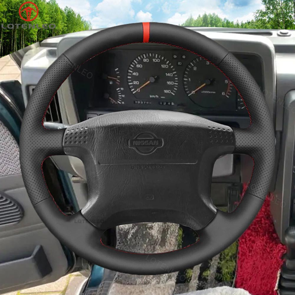 LQTENLEO Black Genuine Leather Hand-stitched Car Steering Wheel Cover for Nissan Patrol /Patrol GR V y61 Wagon