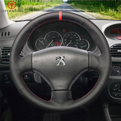 LQTENLEO Carbon Fiber Leather Suede Hand-stitched Car Steering Wheel Cover for Peugeot 206 2001-2009 / 206 CC 2001-2007 / 206 SW 2002 2003 2004 2005 2006 2007