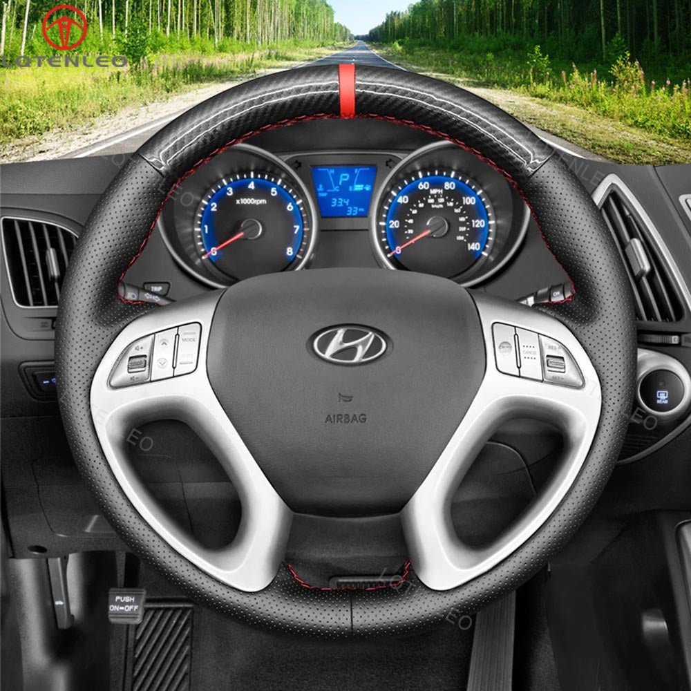LQTENLEO Black Genuine Leather Suede Hand-stitched Car Steering Wheel Cover for Hyundai ix35 2010-2016