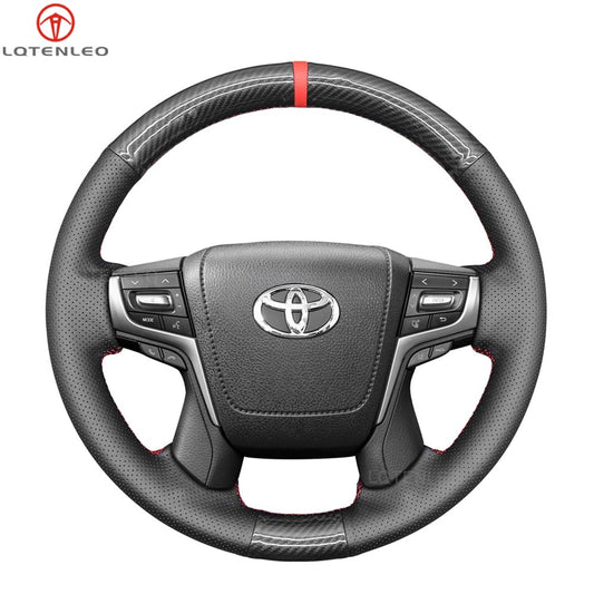 LQTENLEO Black Carbon Fiber Leather Suede Hand-stitched Car Steering Wheel Cover for Toyota Land Cruiser Prado Crown