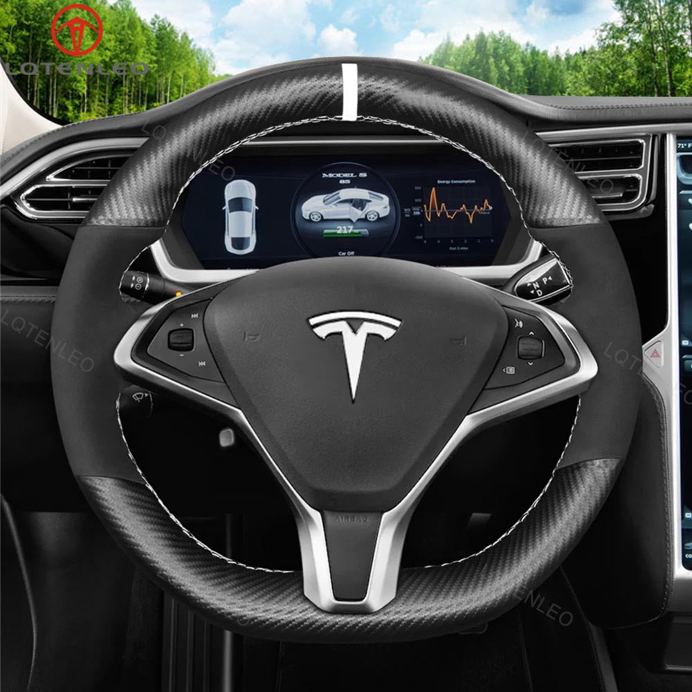 LQTENLEO Carbon Fiber Leather Suede Hand-stitched Car Steering Wheel Cover for Tesla Model S 2012-2021 / Model X 2016-2020