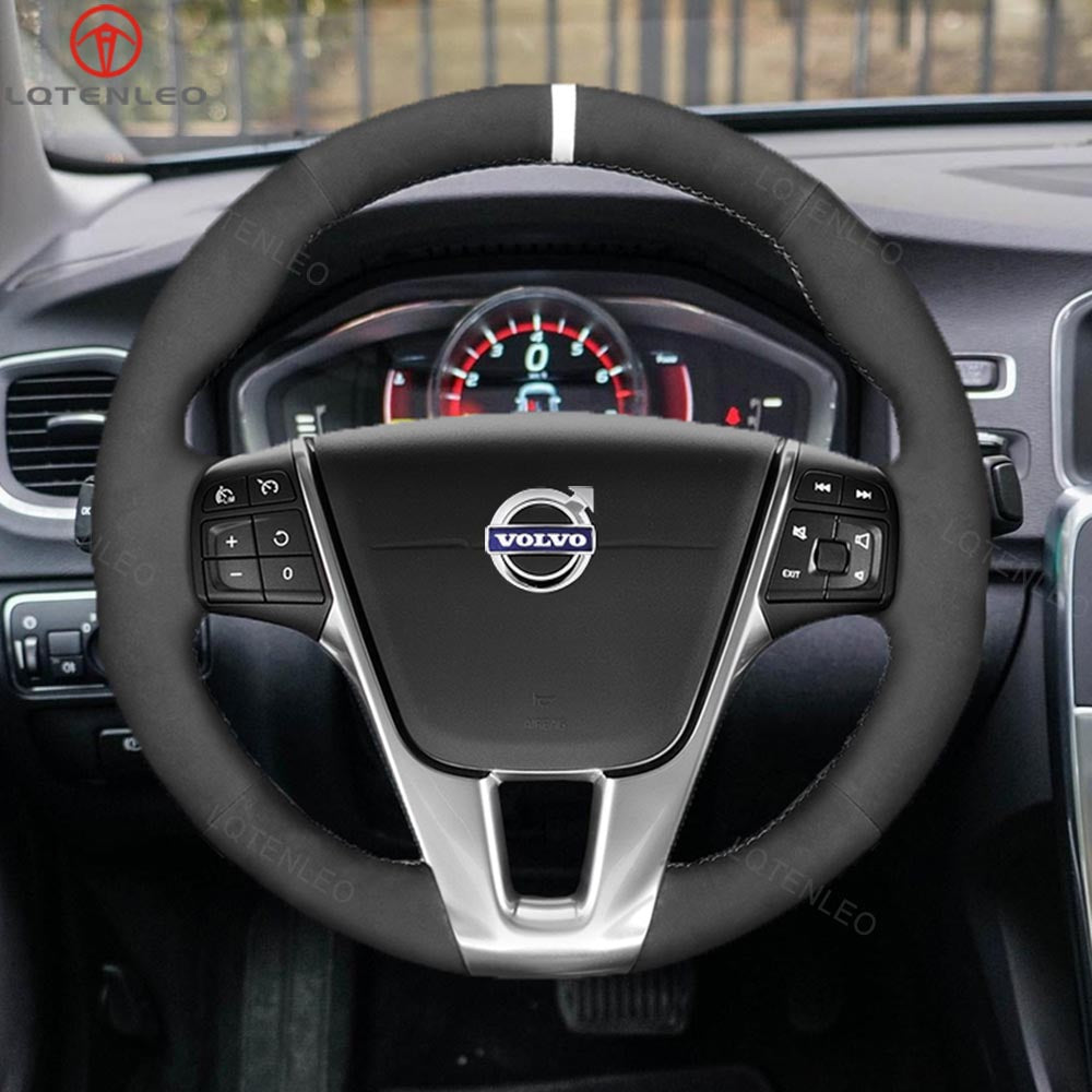 LQTENLEO Black Genuine Leather Suede Hand-stitched Car Steering Wheel Cover for Volvo S60 / V40 / V60 / V70 / 2014 XC60