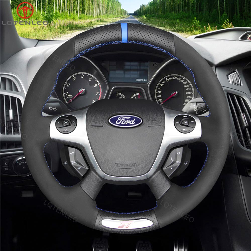 LQTENLEO Black Leather Suede Hand-stitched Car Steering Wheel Cover for Ford Focus ST 2012-2014