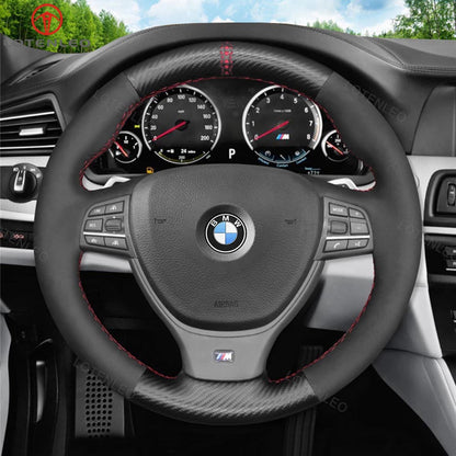 LQTENLEO Carbon Fiber Leather Suede Hand-stitched Car Steering Wheel Cover for BMW M Sport F10 F11 F07 / M5 F10 2011-2013 / F12 F13 F06 / F01 F02