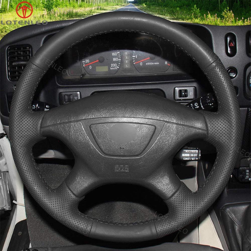 LQTENLEO Black Leather Hand-stitched Car Steering Wheel Cover for Mitsubishi Pajero Sport Montero Galant Mirage Carisma Space 1997-2007